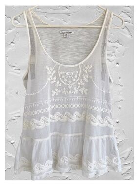 American Eagle Outfitters White Sleeveless Mesh Peplum Top Romantic Sheer Tank